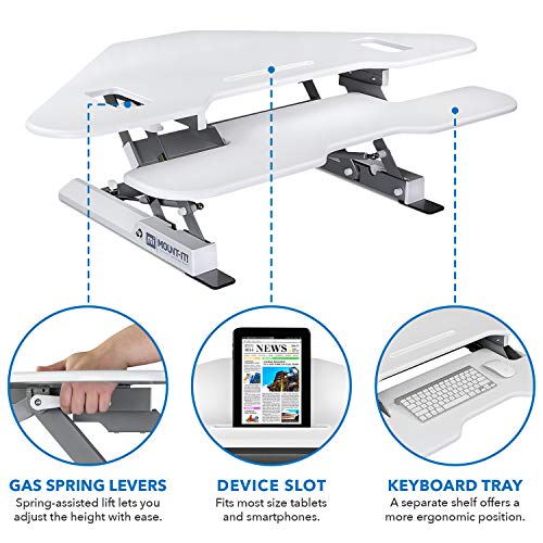 Mount-It! White Corner Standing Desk Converter | Height Adjustable 48” Wide Desktop | Corner Stand Up Desk with Gas Spring Handle | Stand Up Computer Workstation with Ergonomic Keyboard Tray | White