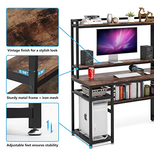 Tribesigns 94.5 inch Extra Long Double Computer Desk with Hutch & Monitor Stand, Large Two Person Desk with Storage Shelves & CPU Stand, Study Writing Table Workstation with Bookshelf for Home Office