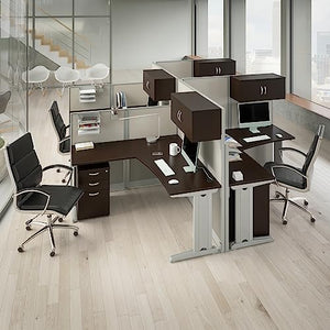 Bush Business Furniture Office in an Hour 4 Person L Shaped Cubicle Workstations in Mocha Cherry