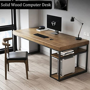 None Solid Wood Computer Desk with Storage Rack, Wrought Iron, Simple Installation, 5cm Thick - 200x80x75cm