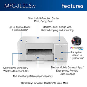 Brother MFC-J1215W INKvestment Tank Wireless All-in-One Color Inkjet Printer for Home Office - Print, Copy, Scan - 16 ppm, 1200 x 600 dpi, Voice Control, 150 Sheets - BROAGE 6 Feet Printer Cable