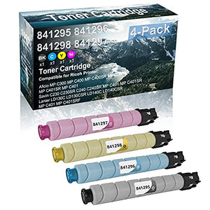 4 Pack (BK+C+Y+M) Compatible (High Yield) Lanier LD130C LD130CSR LD140C LD140CSR MP C401 Printer Toner Cartridge Replacement for Ricoh 841295 841296 841298 841297 Toner Cartridge