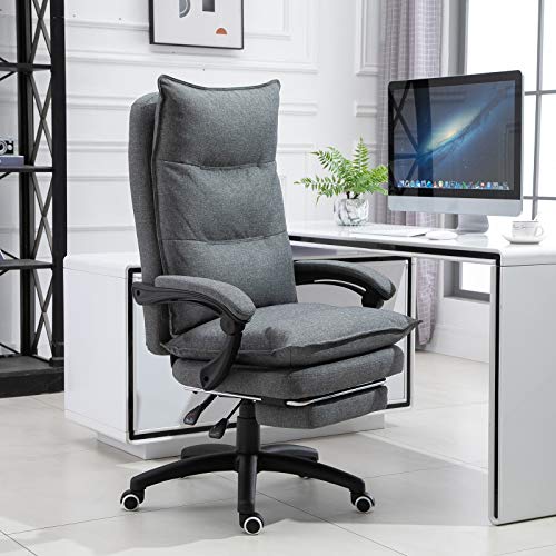 Vinsetto 360° Swivel Home Office Chair Adjustable Height Linen Style Fabric Recliner with Retractable Footrest and Double Padding, Grey