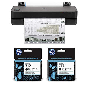 HP DesignJet T210 Large Format Printer, 24" Color Inkjet Plotter, Wireless, Bundle with 2X 712 38ml Black Ink Cartridges