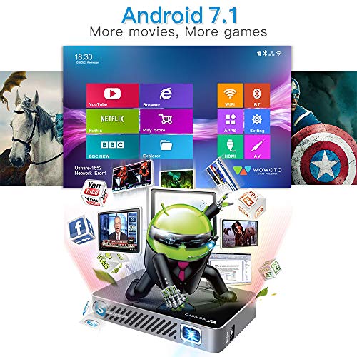 Mini Projector WOWOTO A5 Pro Android 7.1 100ANSI 2+32G Portable DLP Video Projector 150" Home Theater Projectors with BT4.0 Support WiFi Wireless Screen Share 1080P HDMI USB SD Card
