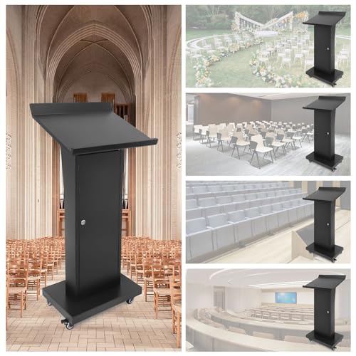 GARVIN Podium Stand with Locking Wheels, Slant Desktop, Large Storage - 50.4" H, Black