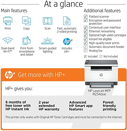 HP Laserjet MFP M234dwe Wireless Black and White Printer, Print Scan Copy Fax, 6 Months Free HP+ Instant Ink (6GW99E) Ahaghug Printer Cable.