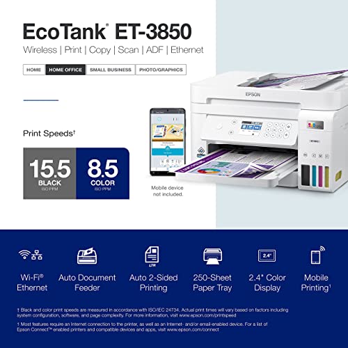 Epson EcoTank ET-3850 Wireless Color All-in-One Printer - Renewed
