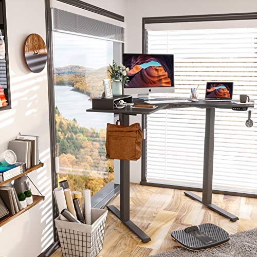 FEZIBO L-Shaped Electric Standing Desk, 48 Inches Height Adjustable Corner Desk, Full Sit Stand Home Office Table with Splice Board, Black Frame/Black Top