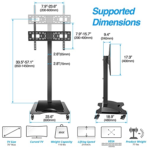 AVLT Motorized & Mobile 2-in-1 TV Lift Cart for 37-75 inch Screens - Remote Controlled, Height Adjustable Stand
