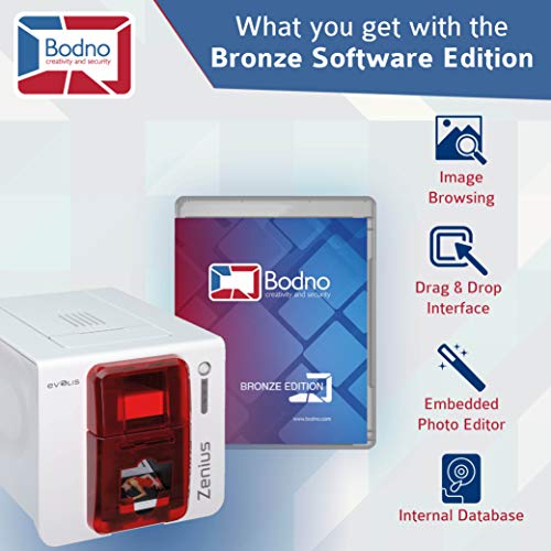 Evolis Zenius Single Sided ID Card Printer & Complete Supplies Package with Bodno Bronze Edition ID Software