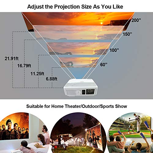 EUG WXGA LCD 1080P Projector Home Theater, 4400 Lumen LED Inside Outside Movie Projectors with Zoom Compatible with TV Stick, HDMI, USB, VGA, Xbox, Laptop for Gaming Sports Matches Artworks Party.
