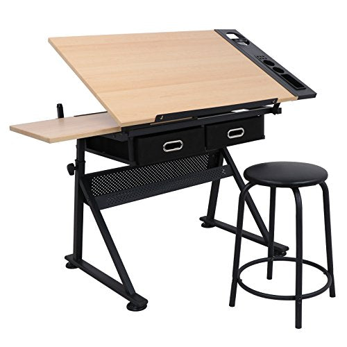 P2 MDF Tabletop & Powder Coated Iron Legs Drafting Desk Drawing Table Adjustable with Stool Arts & Crafts Creative Center