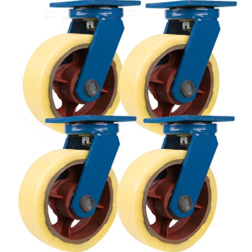 Heavy Duty Universal Caster Set - 8", 10", 12" - Cast Iron Core, Nylon Rim, Brake