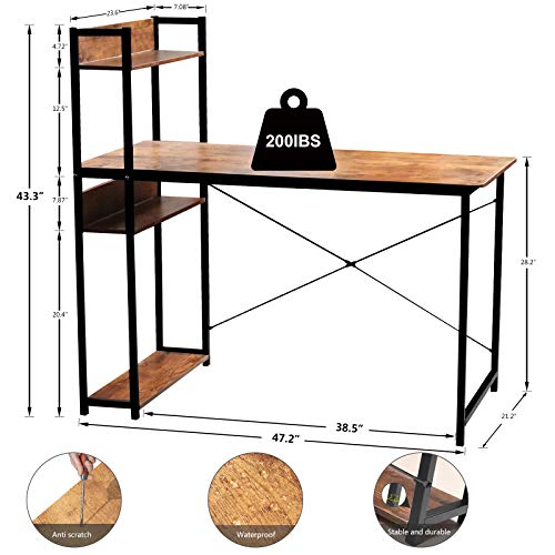 Levoni Computer Home Office Desk 47 inch Writing Study Table with Storage Shelves Study Writing Table with Bookshelves Brown