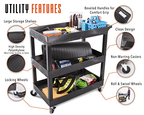 Stand Steady Tubstr 3 Shelf Utility Push Cart 2 Pack - Heavy-Duty Plastic Service Cart, 300 lbs Capacity, Black (32 x 18)