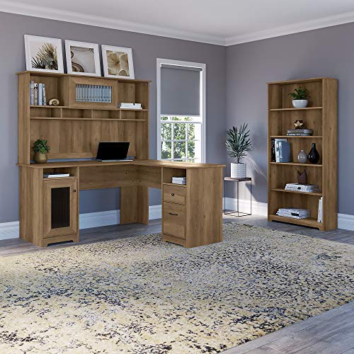 Bush Furniture Cabot L Shape with Hutch and 5 Shelf Bookcase, Reclaimed Pine