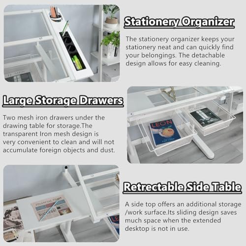 Gynsseh Glass Drafting Table with Stool, Height Adjustable, Tilting Tabletop - S2-White