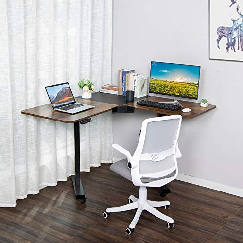 ELECWISH L Shaped Desk Electric Height Adjustable Corner Computer Desk Space-Saving Long Table with Pen Case and EO Material Plate for Home Office Large Gaming Writing Workstation（Black+Rustic Brown