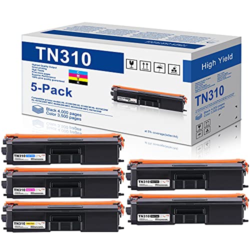 5-Pack(2BK+1C+1M+1Y) TN310BK TN310C TN310M TN310Y Toner Cartridge Replacement for Brother TN310 TN-310 to use with HL-4150CDN HL-4140CW HL-4570CDW HL-4570CDWT MFC-9650CDW Printer Toner Cartridge