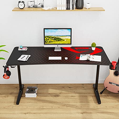 DESIGNA 60 inch Gaming Desk, Computer Desk with Mouse Pad, T-Shaped Professional Writing Table Workstation with USB Handle Rack & Cup Holder& Headphone Hook, Carbon Fiber Black