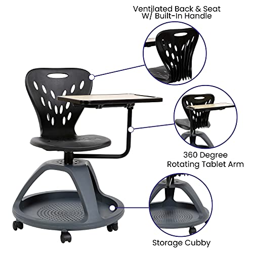 Flash Furniture Black Mobile Desk Chair with 360 Degree Tablet Rotation and Under Seat Storage Cubby