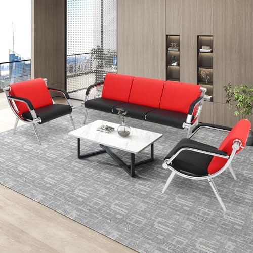 Walmokid Waiting Room Chairs with Armrest, PU Leather Office Furniture - Red&Black, 4