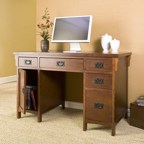 Southern Enterprises Mission Computer Desk - 4 Drawers w/Keyboard Tray - Brown Mahogany Finish