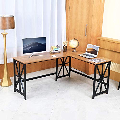 GreenForest Large L Shaped Desk and Computer Desk Bundle, Industrial Gaming Writing Desk Wrokstation Home Office Furniture Set, Walnut