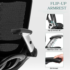 GABRYLLY Ergonomic Mesh Office Chair - High Back Desk Chair with Adjustable Headrest, Flip-Up Arms, Tilt Function, Lumbar Support, PU Wheels