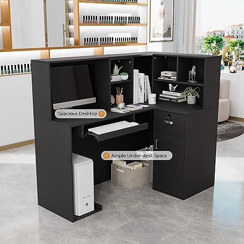 LEADZM L-Shaped Reception Desk with Counter, Lockable Drawers, Adjustable Shelf - Black (55.9" W x 18.9" D x 48" H)