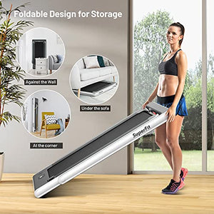 GYMAX Under Desk Treadmill, Folding 2 in 1 Electric Running Walking Machine with Smart App Control, Remote, Bluetooth Speaker & Dual LED Screen Monitor, Portable for Home Gym Small Apartment (Pearl)