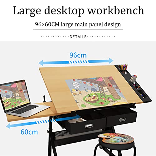 VejiA Extra Large Wood Drafting Table with Adjustable Height and Tilting Surface, Two Drawers - Ideal for Artists and Craftsmen