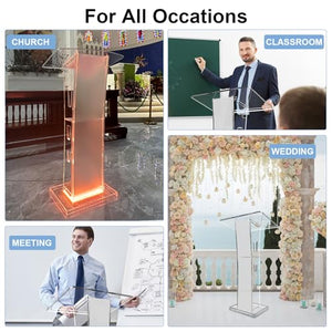 Wqzlyg Acrylic Podium with Custom Logo & Text, 43” Clear Pulpit with Storage Shelf - 15 Colors Adjustable