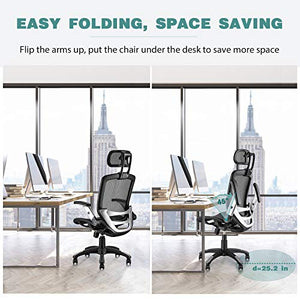 GABRYLLY Ergonomic Mesh Office Chair - High Back Desk Chair with Adjustable Headrest, Flip-Up Arms, Tilt Function, Lumbar Support, PU Wheels