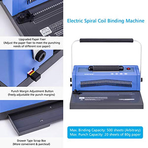 TIANSE Spiral Coil Binding Machine, Manual Book Punch Binder with Electric Coil Inserter, Disengaging pins, Adjustable Side Margin, Comes with 100pcs 3/8'' Plastic Coil Binding Spines & Plier