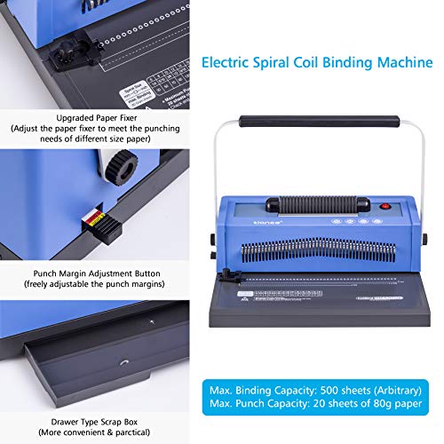 TIANSE Spiral Coil Binding Machine, Manual Book Punch Binder with Electric Coil Inserter, Disengaging pins, Adjustable Side Margin, Comes with 100pcs 3/8'' Plastic Coil Binding Spines & Plier