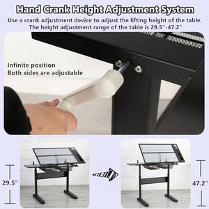 Gynsseh Height Adjustable Glass Drafting Table with Stool, 75° Tilting Tabletop - S3-Black