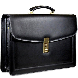 Jack Georges Belting Double Gusset Leather Briefcase w/Combination Lock in Black