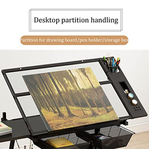 FLaig Glass Drafting Table Desk with 2 Slide Drawers, 0-50° Tilting, Artist Study Table