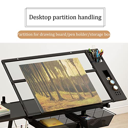 VejiA Drafting Table for Artists, Height Adjustable Glass Writing Desk with Stool, Tiltable Drawing Table Craft/Art Desk, 2 Storage Drawer