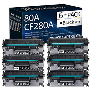 6 Pack Black 80A | CF280A Toner Cartridge Replacement for HP Laserjet Pro 400 M401n M401dw M401dne M401dn MFP M425dn Printer Toner,Sold by CalciuInk.