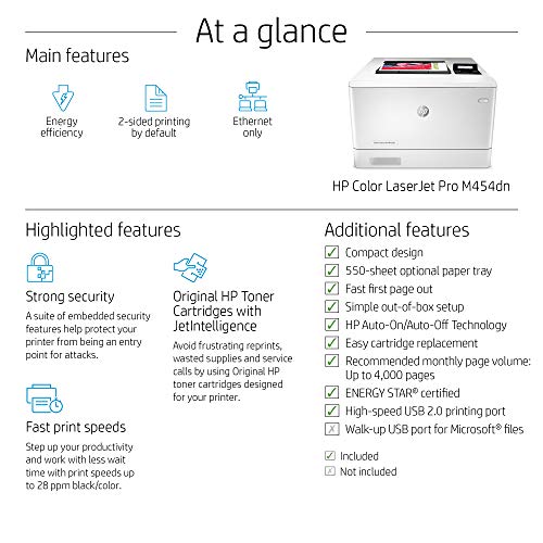 HP Color LaserJet Pro M454dn Printer, Double-Sided Printing & Built-in Ethernet (W1Y44A)