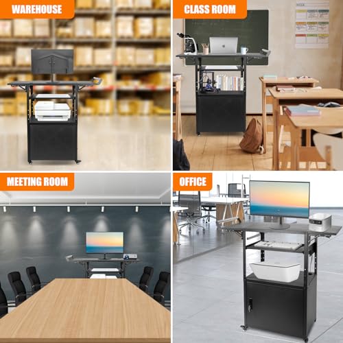 TooCust Large Steel AV Cart with Drop Leaves, Locking Cabinet, Height Adjustable, Pullout Keyboard Tray, Power Strip - Mobile Workstation for Office, Classroom & Warehouse