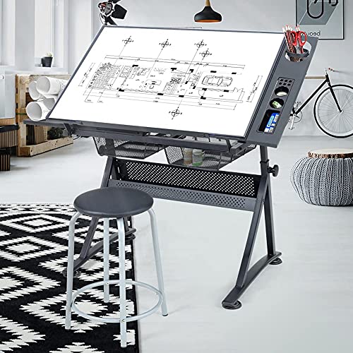 Adjustable Drawing Table with Tempered Glass Top and Drawers/Stool
