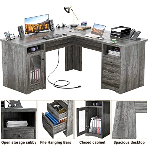 Unikito L Shaped Desk with Drawers, USB Charging Port, Power Outlet - 60 Inch, Black Oak