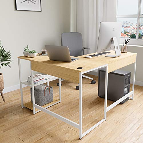 Domy Home L-Shaped Home Office Desk 74'' 2 Person Student Kid Writing Desk w/Storage Shelves Headphone Hook PC Laptop Table Sturdy Metal Frame Easy Assembly Oak