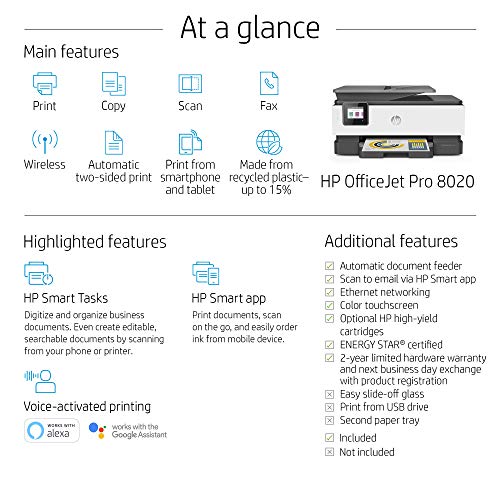 HP OfficeJet Pro 8020 All-in-One Wireless Printer, with Smart Tasks for Home Office Productivity (1KR62A)