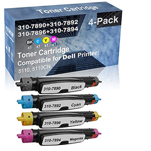 4-Pack (BK+C+Y+M) Compatible High Yield 310-7890+ 310-7892+ 310-7896+ 310-7894 Laser Printer Toner Cartridge Used for Dell 5110, 5110CN Printer