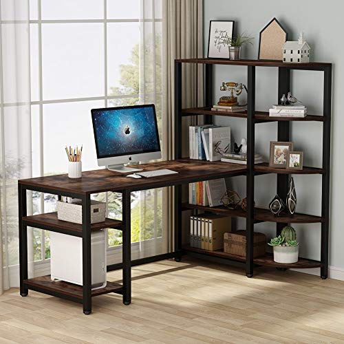 Tribesigns Industrial Computer Desk with 5 Tier Storage Shelves, 67 inch Large Office Desk Study Writing Table Workstation with Corner Bookshelf and Tower Shelf for Home Office, Retro Brown
